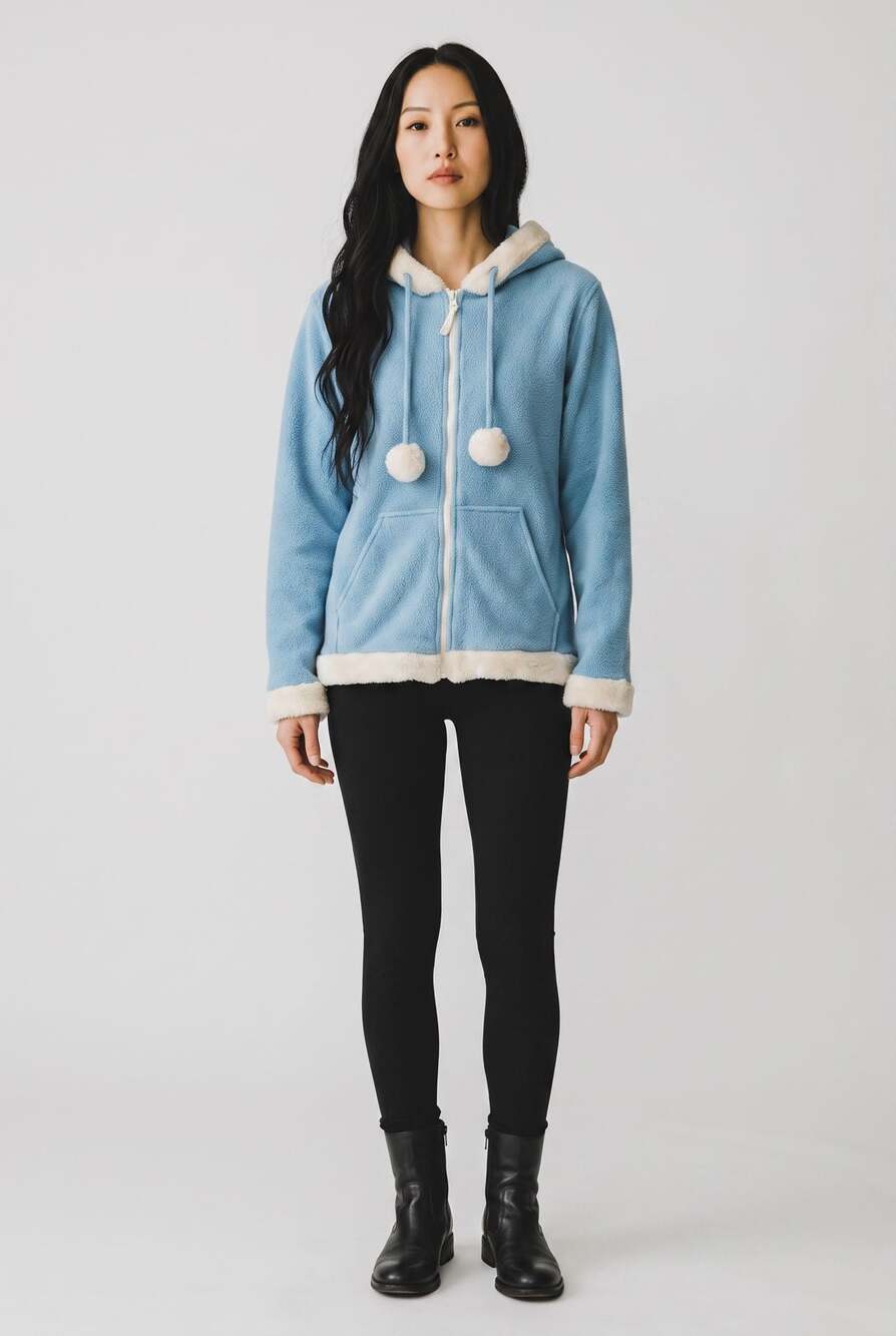 Airport Women's Light Blue Fleece Full Zip Hoodie with Pom Poms (Large)